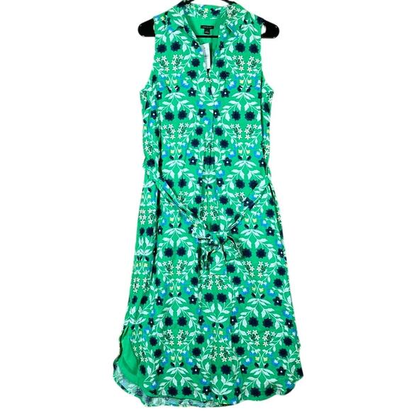 Ann Taylor Dresses & Skirts - Ann Taylor Womens Dress Green Floral V Neck Belted Sleeveless Linen Blend Small